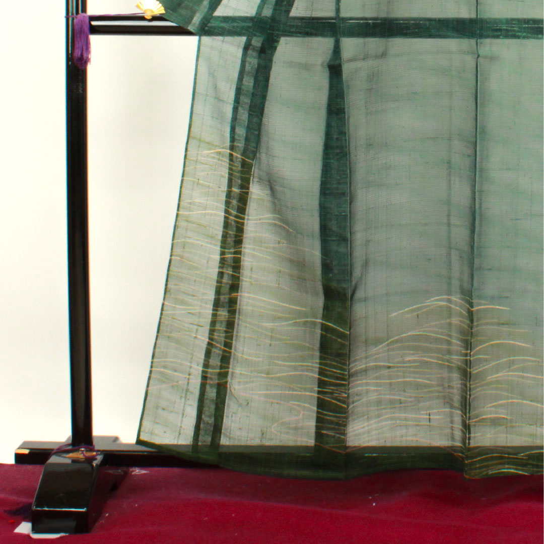 Summer pure silk formal kimono, length 160cm, sleeve length 65cm, dark green, abstract pattern, pongee fabric, S rank, green 1132000572419