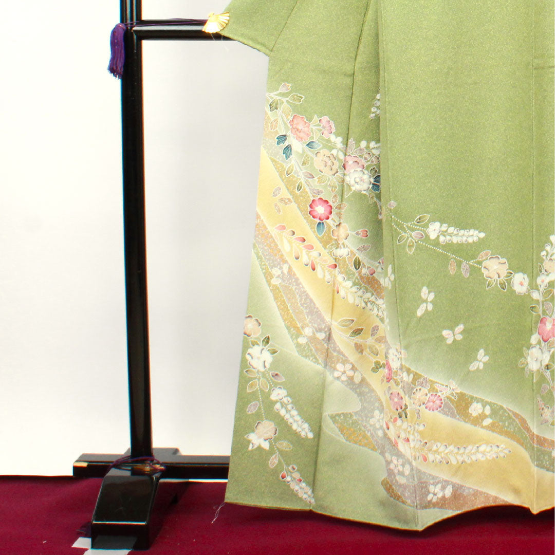 訪問着 正絹 袷 身丈163cm 裄丈65cm 根岸色（ねぎしいろ） 草花模様 しつけ糸付き Sランク 緑系 1112002222419