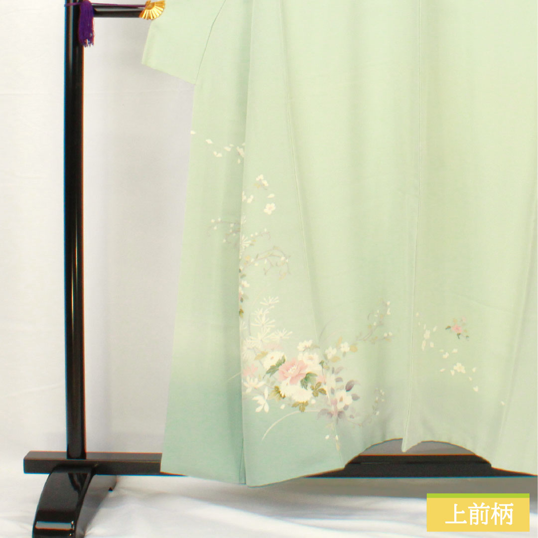 訪問着 正絹 袷 身丈153cm 裄丈65.5cm 秘色（ひそく） 京友禅 桜 椿 菊 スーパーガード加工 Aランク 水色系 1112005503224