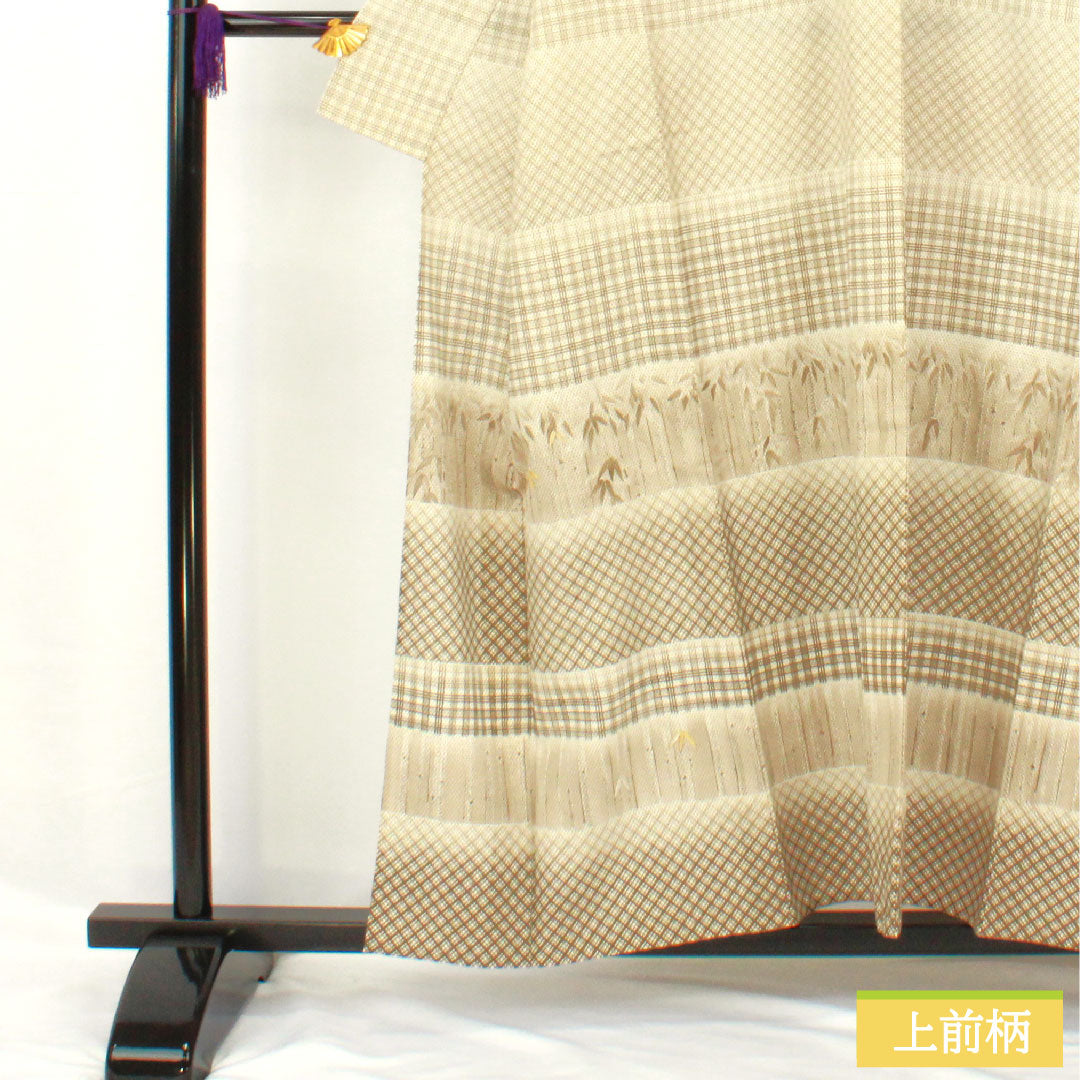 Homongi (formal kimono) made of pure silk, single layer, length 156.5cm, sleeve length 63.5cm, white-brown, by artist, bamboo, pearl-tone finish, Bando Mitsugoro, S rank, beige, 1112006022325