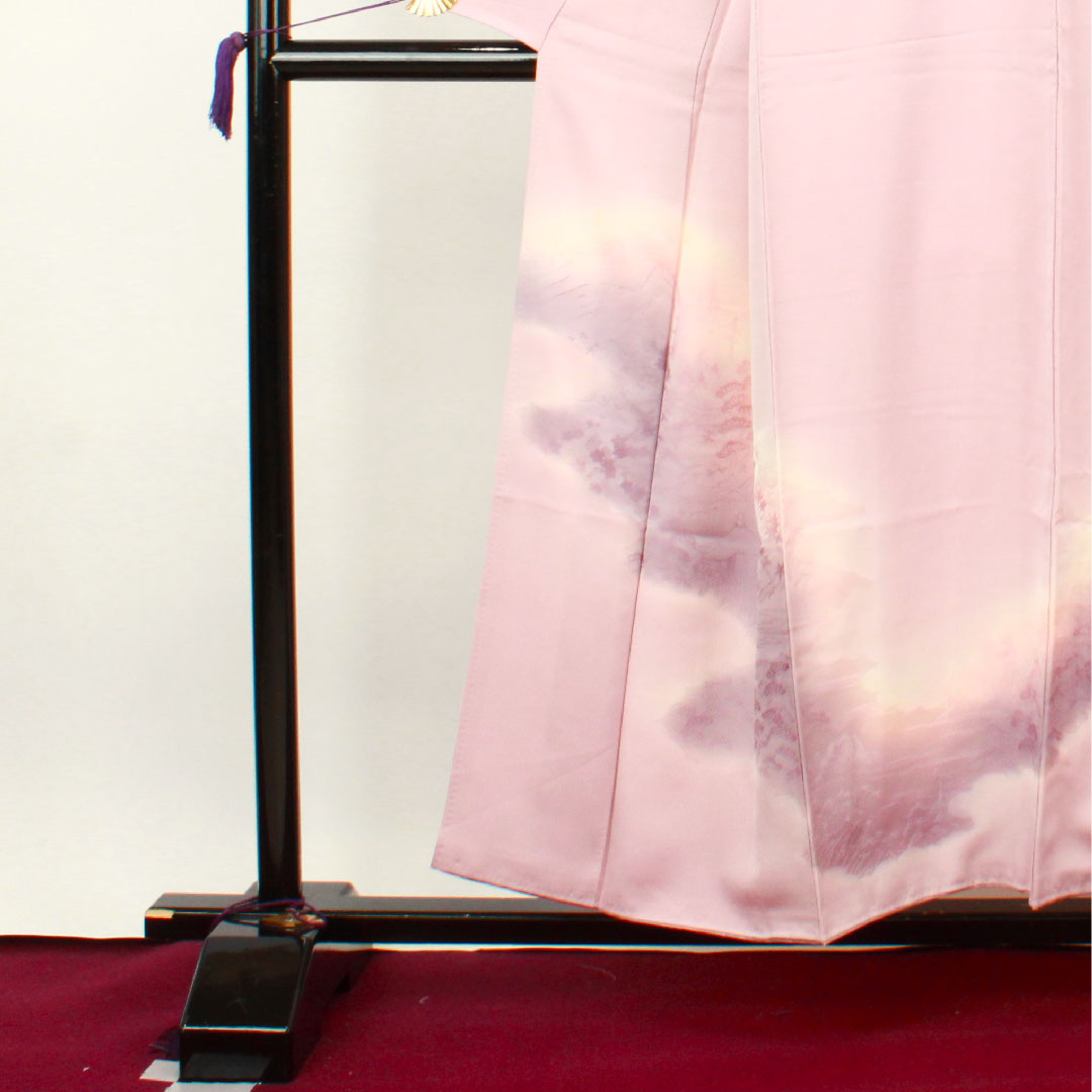 Homongi Awase, Length 153.5cm, Sleeve-to-shoulder 61.5cm, Obi-beni color, Landscape pattern, Gradation dyeing, Pure silk, S Rank, Pink系, 1112002202213