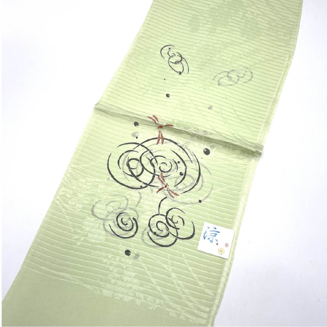 （新品）帯揚げ 正絹 セミフォーマル 薄柳色（うすやなぎいろ） 夏物 トンボ 波紋 長さ約172cm 幅約29cm NEWランク 緑系 1136000721919