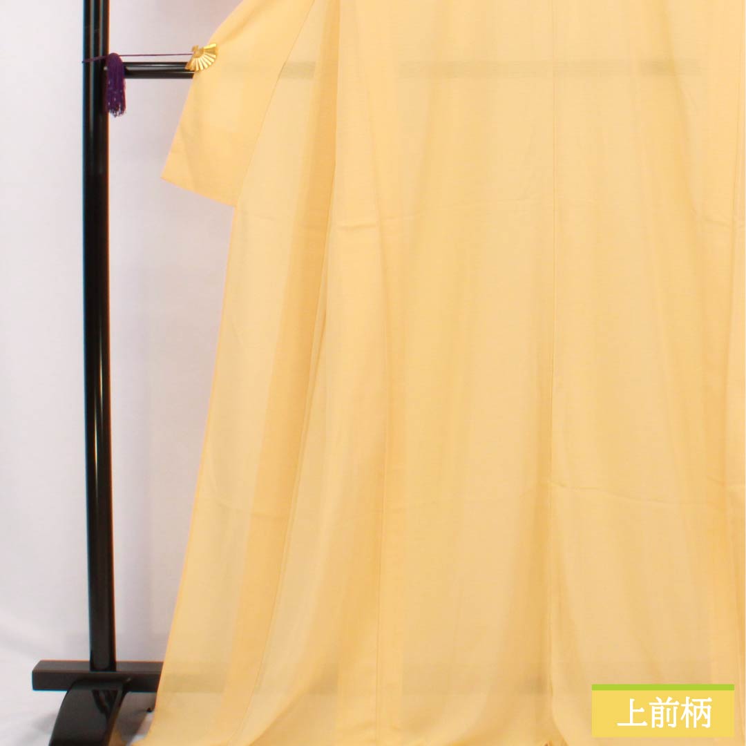 Summer solid color polyester kimono, S rank, length 171.5cm, sleeve length 70.5cm, light tangerine color (usukouji), one crest, five-three paulownia pattern, ro crepe, orange-colored, product number 1132003062626