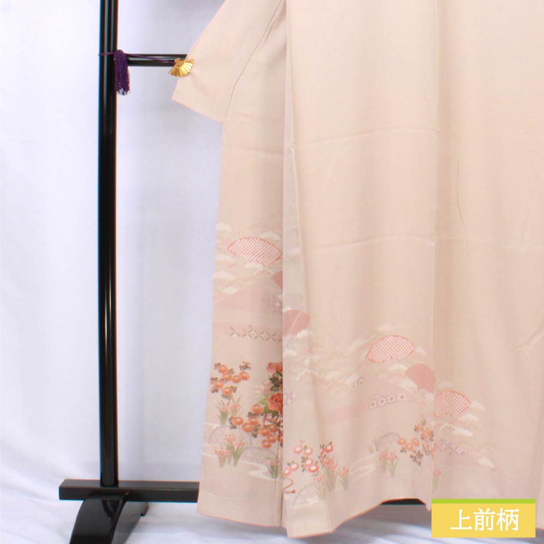 Visiting Kimono, Pure Silk, S-Rank, Lined, Length 159cm, Sleeve Length 68cm, Okina Brown (Okina-chairo), Kyoto Yuzen, Tsukesage, Suzhou Embroidery, Floating Carriage, Fan Design, Pink, Product Number: 1112006622313