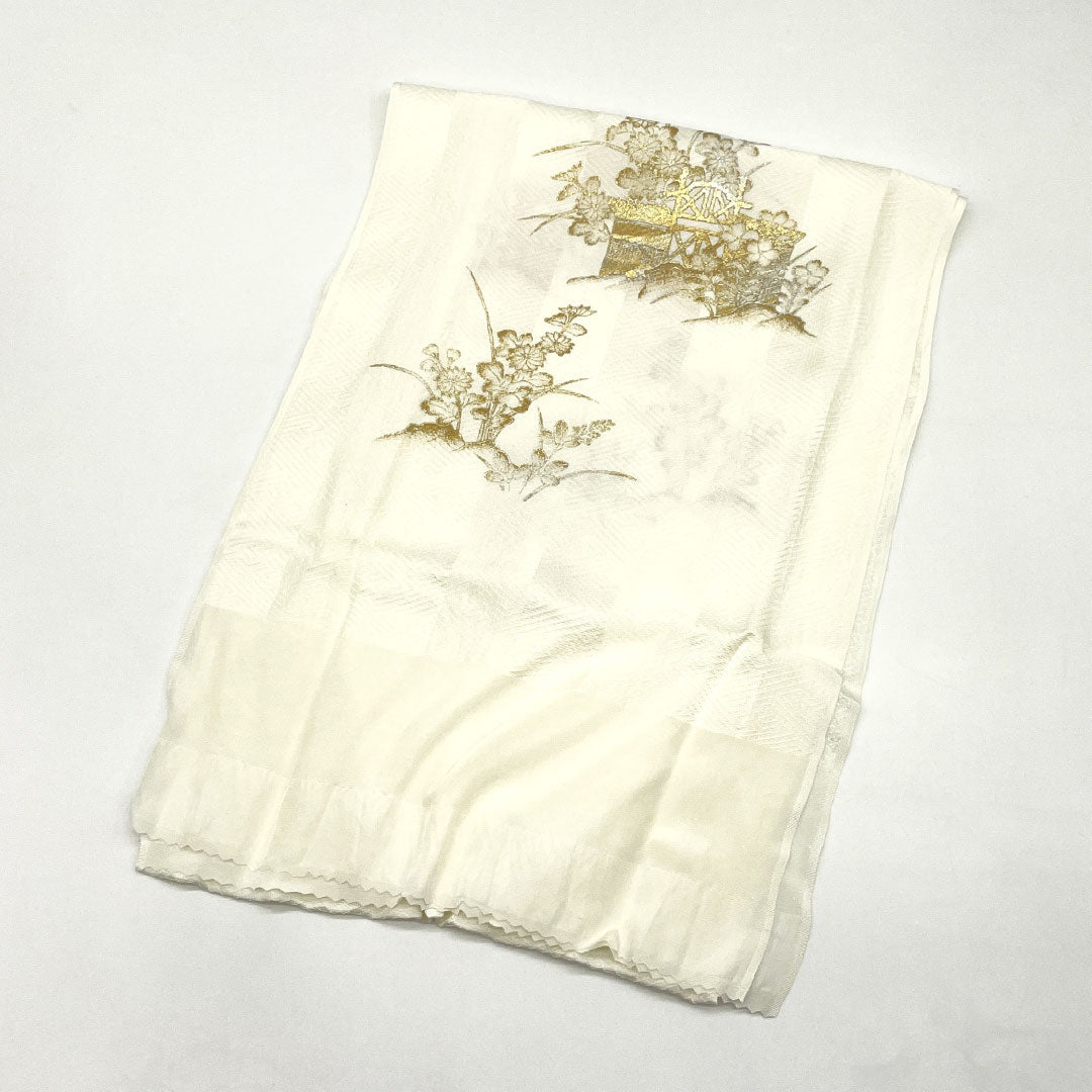 (New Old Stock) Obijime and Obiage Set, Pure Silk, NEW Rank, Gofun-iro (off-white), For Tomesode, Gold Leaf Processing, Sayagata Pattern, Length approx. 160cm, Width approx. 1.7cm, Formal, White-toned, 1141000421311