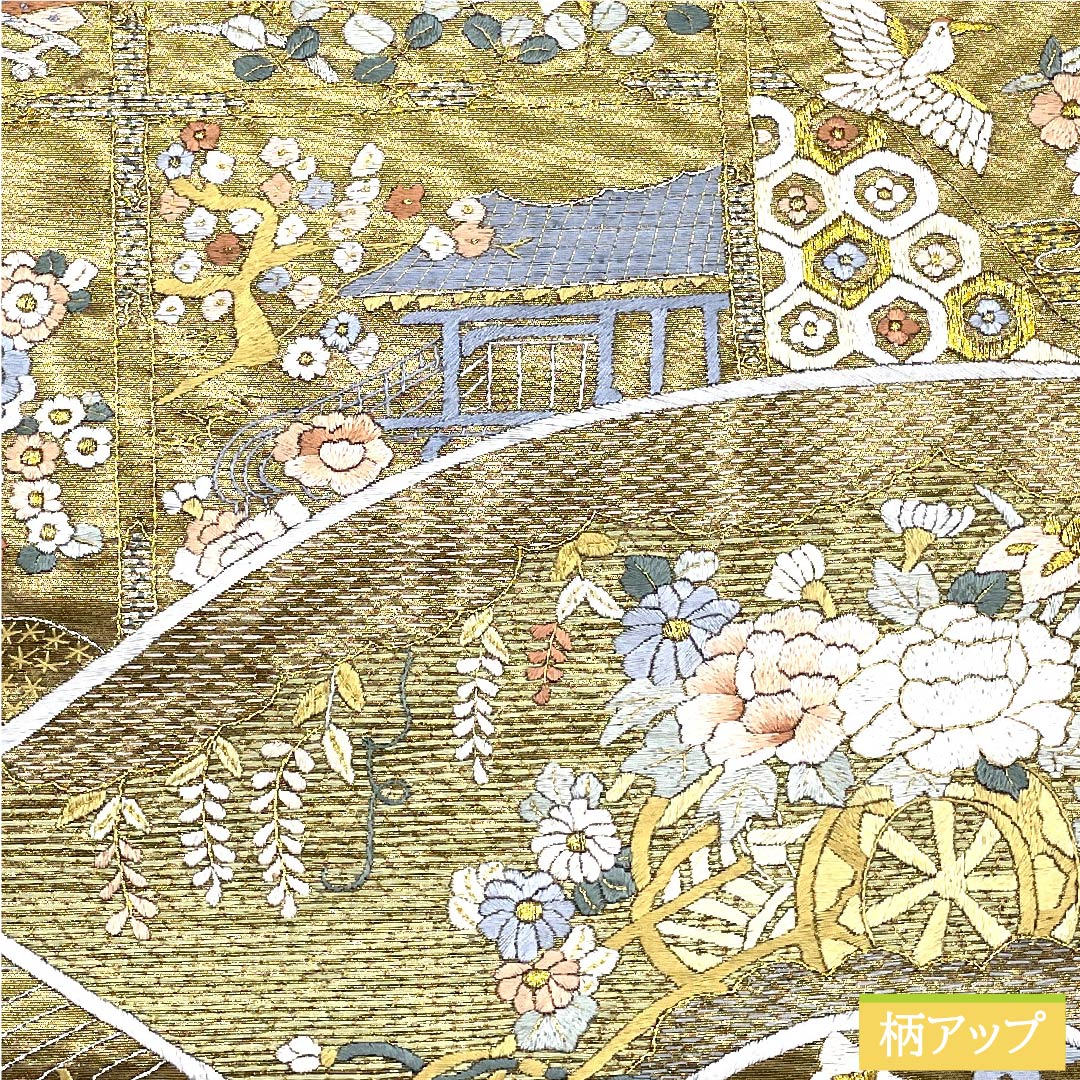 袋帯 正絹 金色 蘇州刺繍 古典柄 花柄 帯丈455cm Sランク 六通 フォーマル 金系 1123010932421