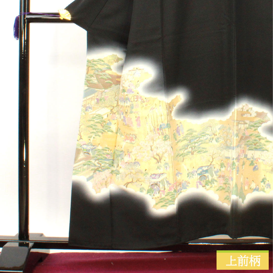 黒留袖 正絹 身丈156.5cm 裄丈63cm 袷  寿光織 時代人物風景模様 新はじく加工 五つ紋 違い鷹の羽 Sランク 黒系 1111001332310