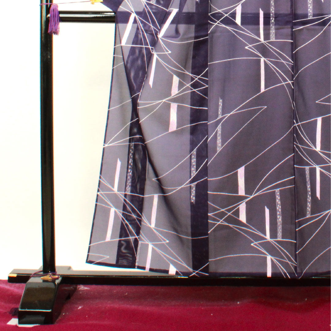 Summer item, polyester, small pattern, length 158.5cm, sleeve length 60.5cm, purple navy blue, bamboo, basting thread included, unused item, silk gauze, S rank, purple, 1132000942320