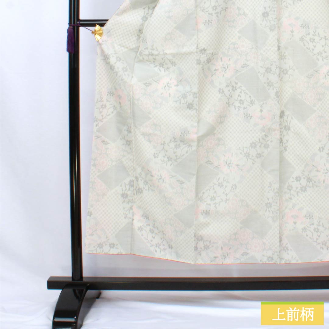 Tsumugi (pongee) polyester kimono, S rank, length 153cm, sleeve length 63cm, Unohana-iro (unohana flower) pattern, floral motif, washable, lined, white, 1116004642211
