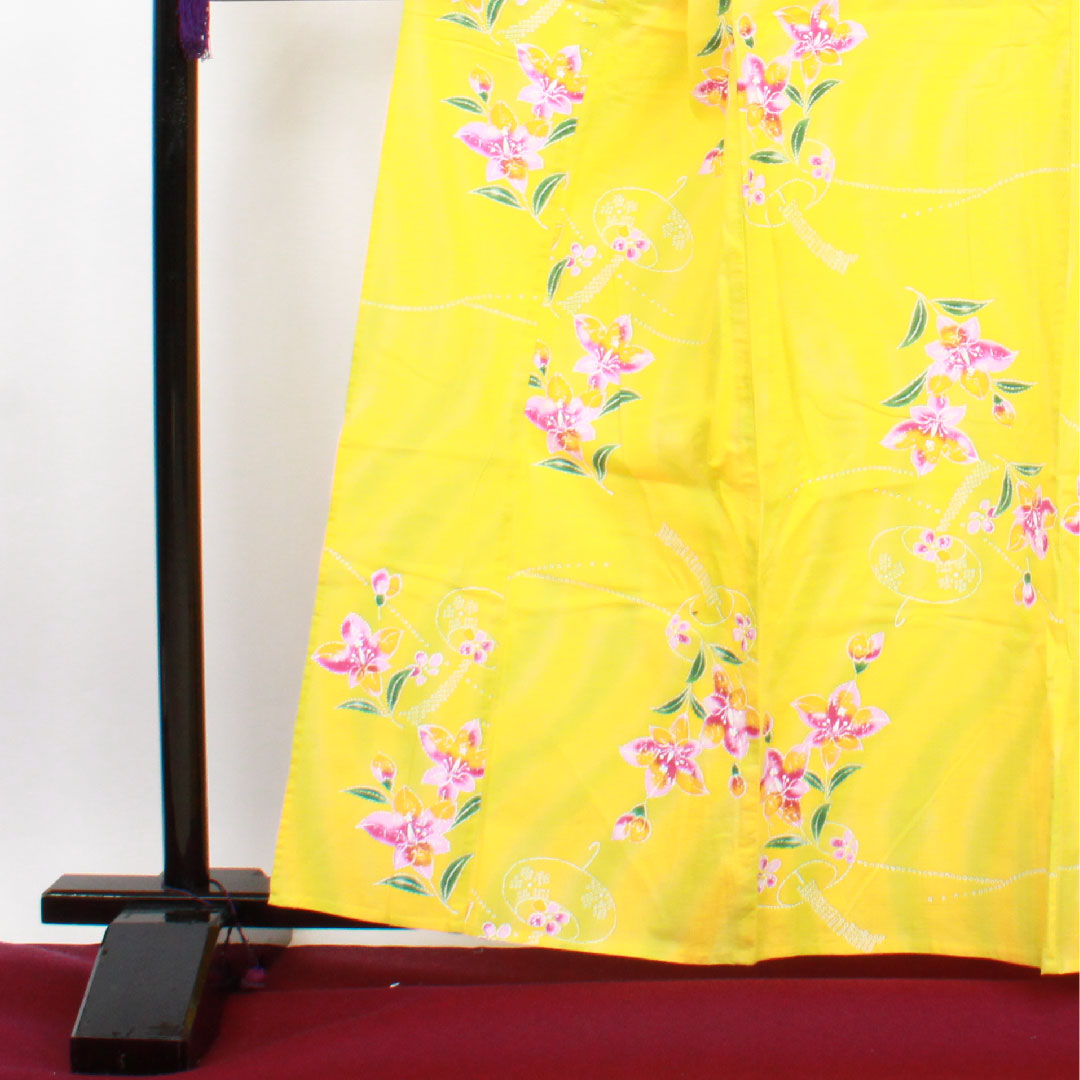 Yukata, Sunflower color, Wind chimes and flower pattern, Cotton, A rank, Single layer, Length 161.5cm, Sleeve length 69cm, Yellow, 1118001033423