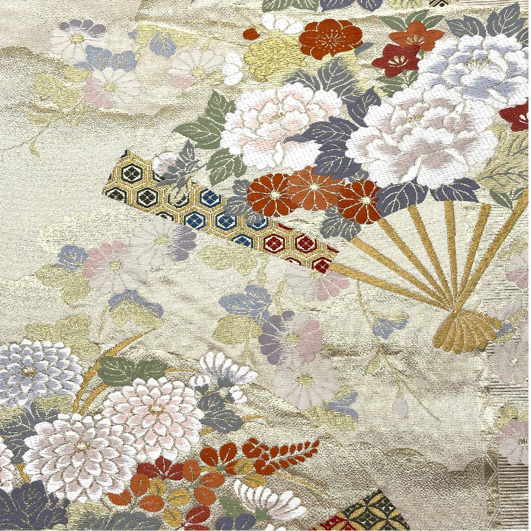袋帯 生成り色（きなりいろ） 扇面 吉祥文様 七宝 帯丈424cm 正絹 Aランク 六通 フォーマル クリーム系 1123007573315