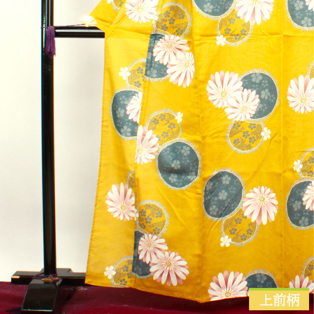 Yukata Cotton Length 161.5cm Sleeve length 65cm S rank Single layer Yellow Hajiiro Gerbera Cherry Blossom Pink 1118004492423