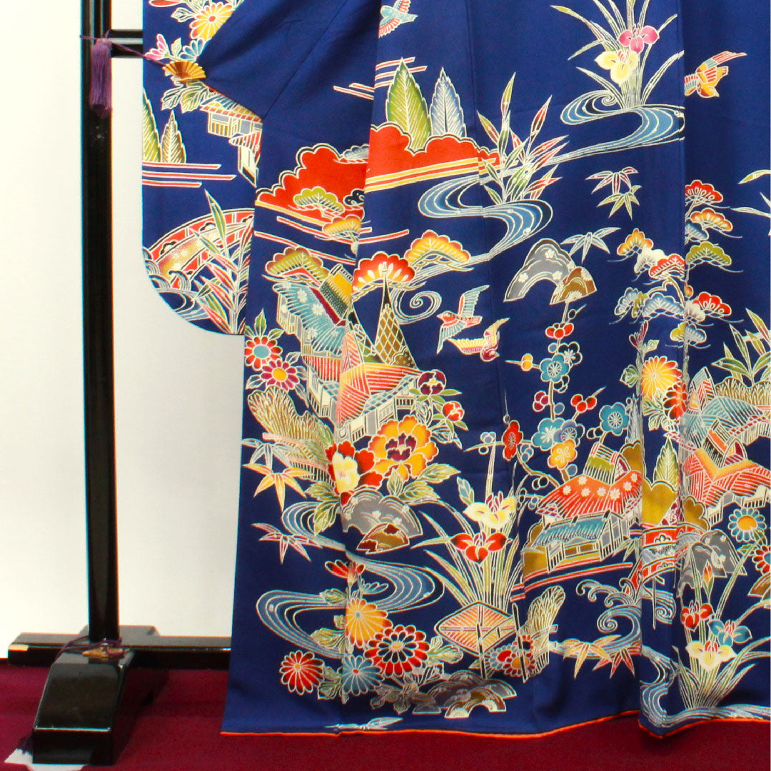 振袖 身丈167.5cm 裄丈68cm 袷  瑠璃色 京紅型 吉祥文様  正絹 Aランク 紺系 1113001773518