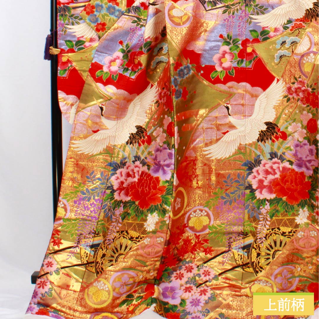 色打掛 正絹 Sランク 身丈191cm 裄丈64cm 赤色（あかいろ） 唐織 吉祥文様 鶴 花車 袷 赤系 1110001062912