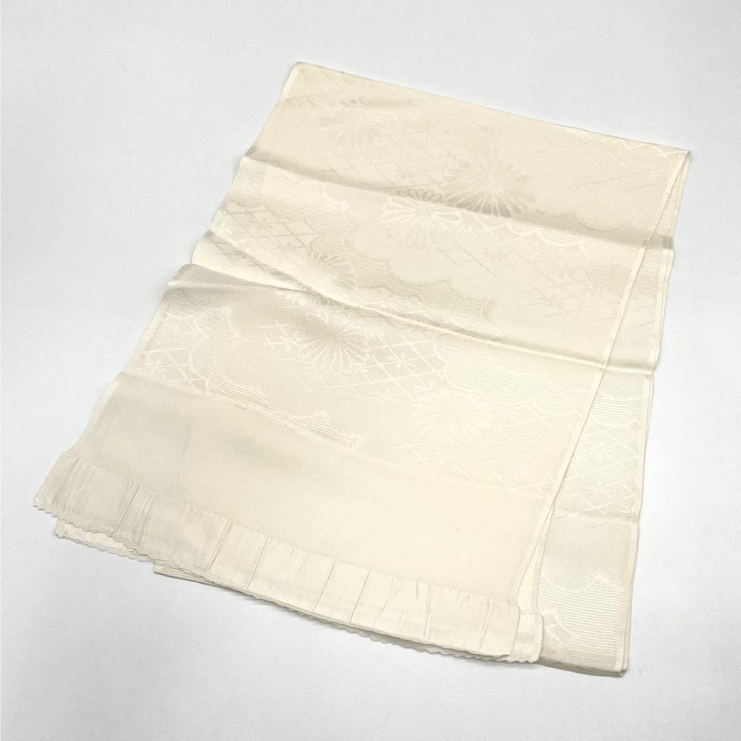 Semi-formal obiage (sash sash), pure silk, S-rank, milky white, chrysanthemum pattern, classic design, approximately 160cm long, 29cm wide, white, product number 1136002112911