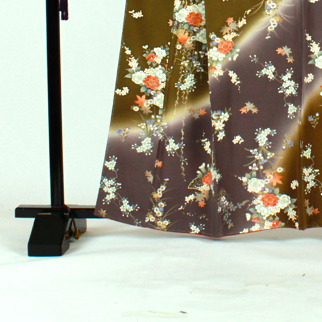 小紋 身丈164cm 裄丈67cm 袷  染め分け 草花模様  正絹 Sランク 緑系 1115001392419