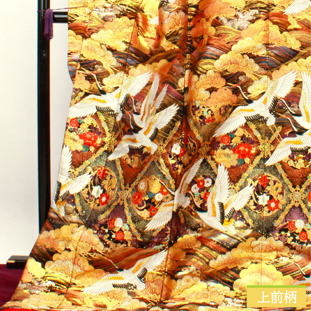 Colored uchikake, pure silk, length 190cm, sleeve length 65cm, Karaori, pine and crane, S rank, lined, black, 1110000722910