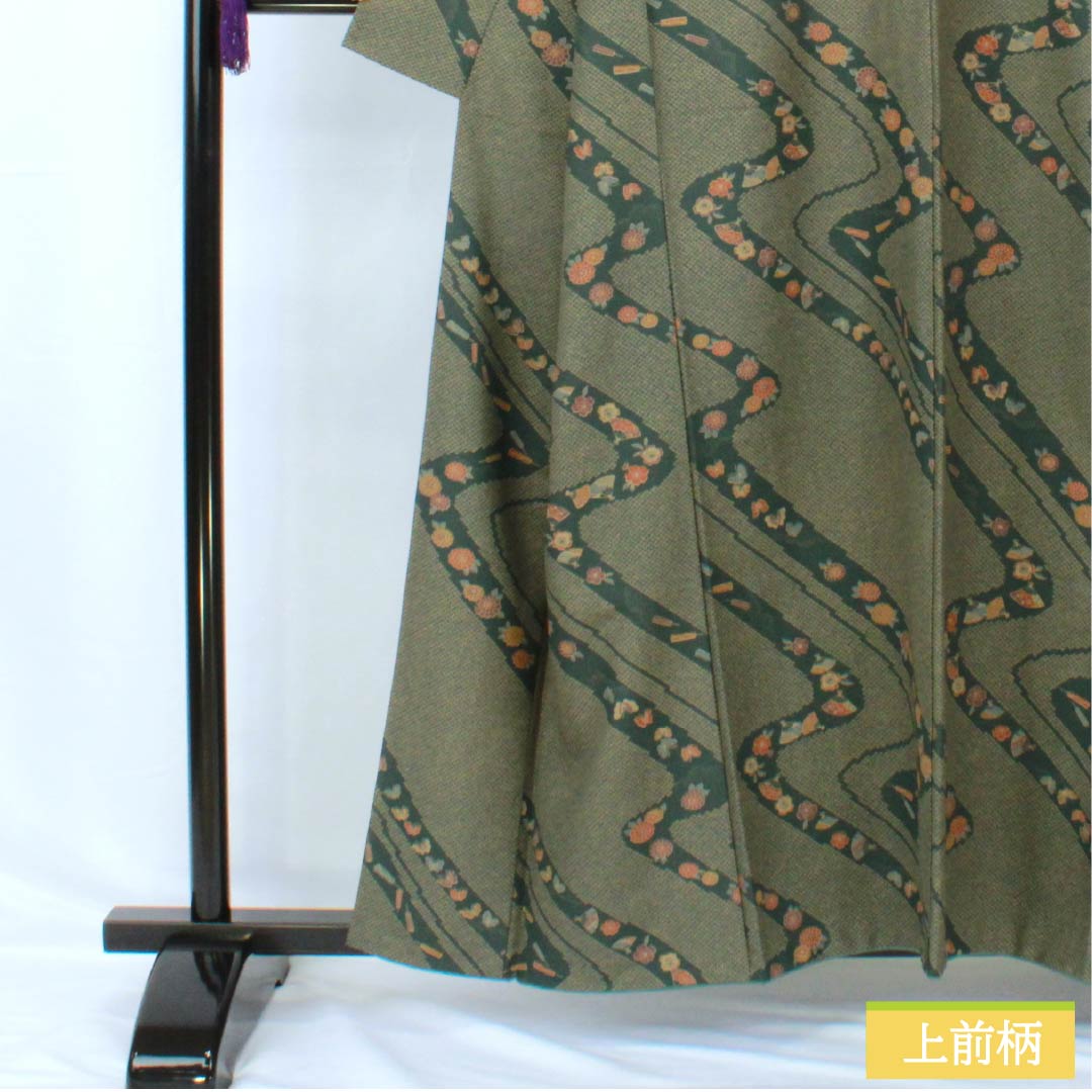 Small pattern, polyester, length 159cm, sleeve length 67cm, lined, iron color, washable kimono, flowing water, butterfly, S rank, green, 1115005192319