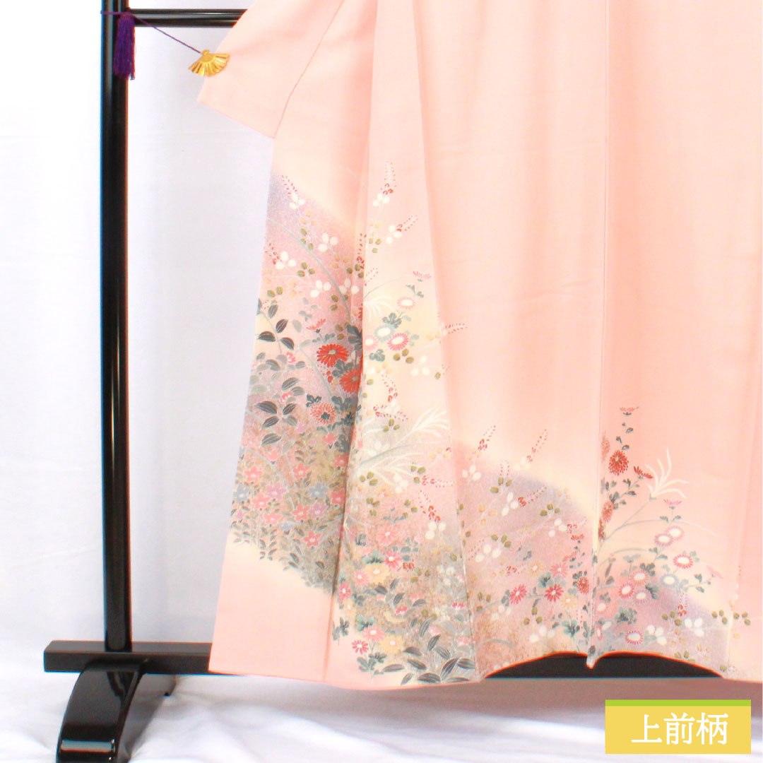 Homongi, pure silk, lined, length 156cm, sleeve length 61.5cm, Shinonome color, floral pattern, S rank, pink, 1112005732313