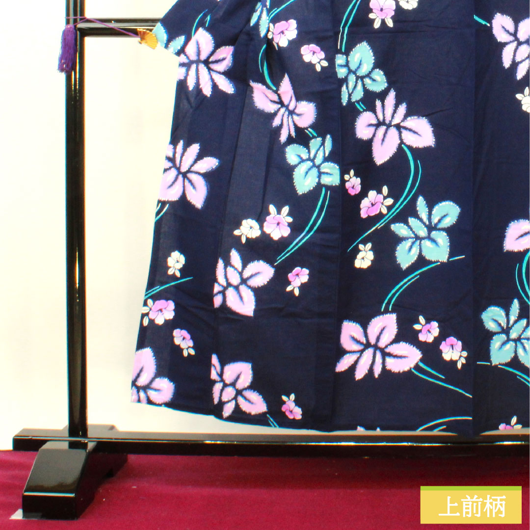 Yukata Cotton Length 156cm Sleeve length 64.5cm S rank Single layer Navy Deep navy Iris Camellia 1118005182318
