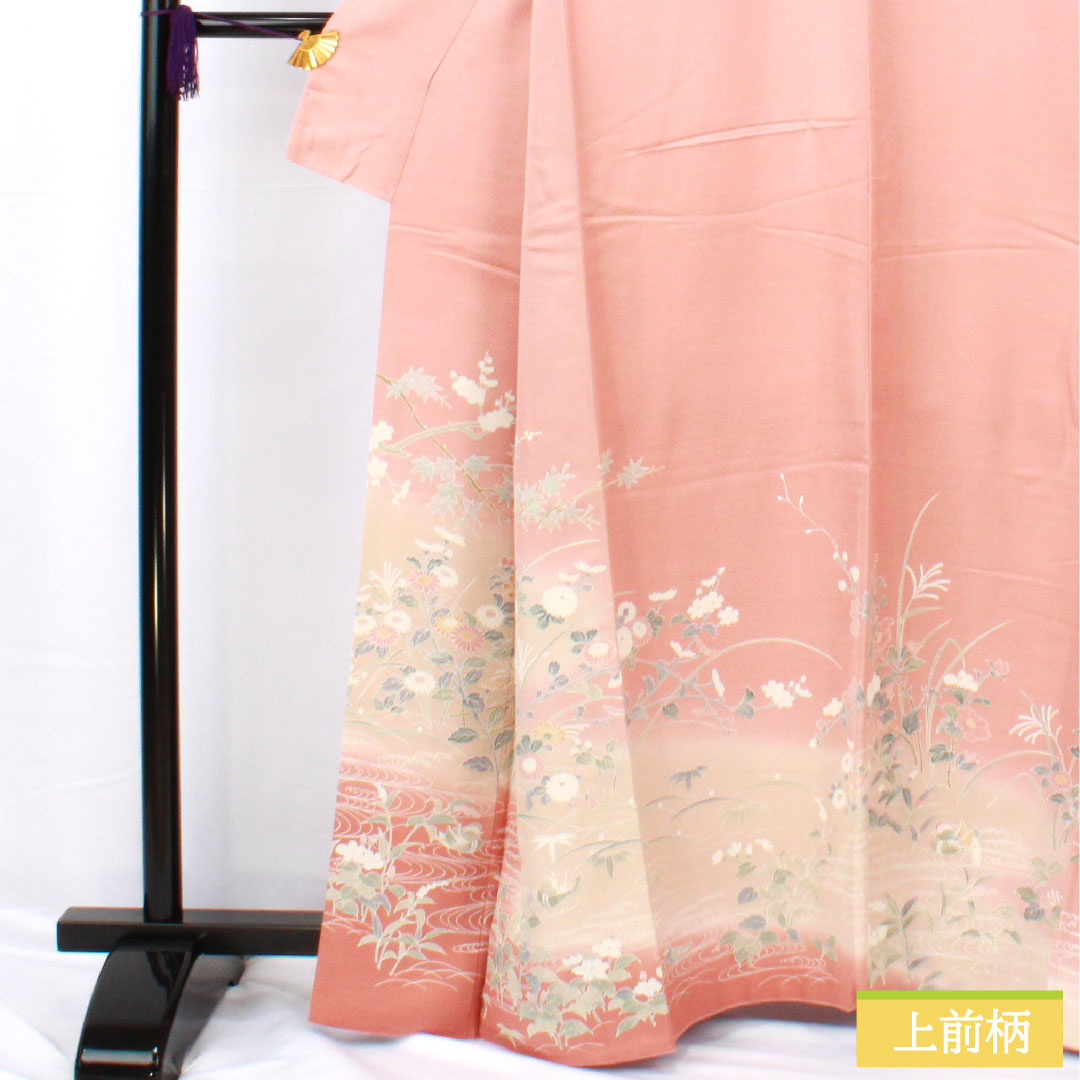 Homongi, pure silk, lined, length 162cm, sleeve length 64cm, Shinonome-iro, Kyoto Yuzen, floral pattern, with basting thread, S rank, pink, 1112005692413