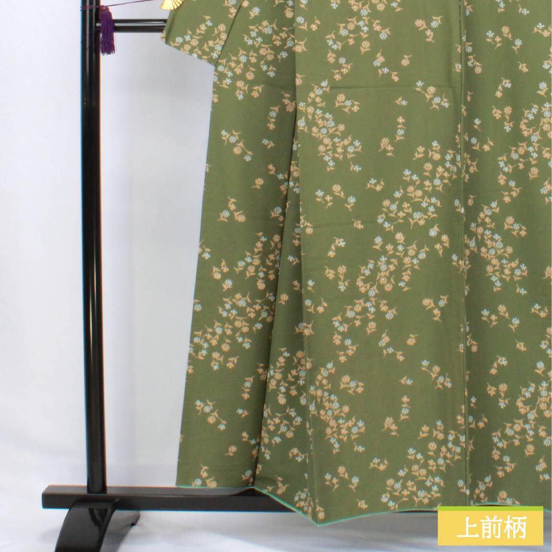 小紋 ポリエステル 身丈157cm 裄丈64cm 袷 柳煤竹色（やなぎすすたけいろ） 小花 洗える着物 Sランク 緑系 1115006242319