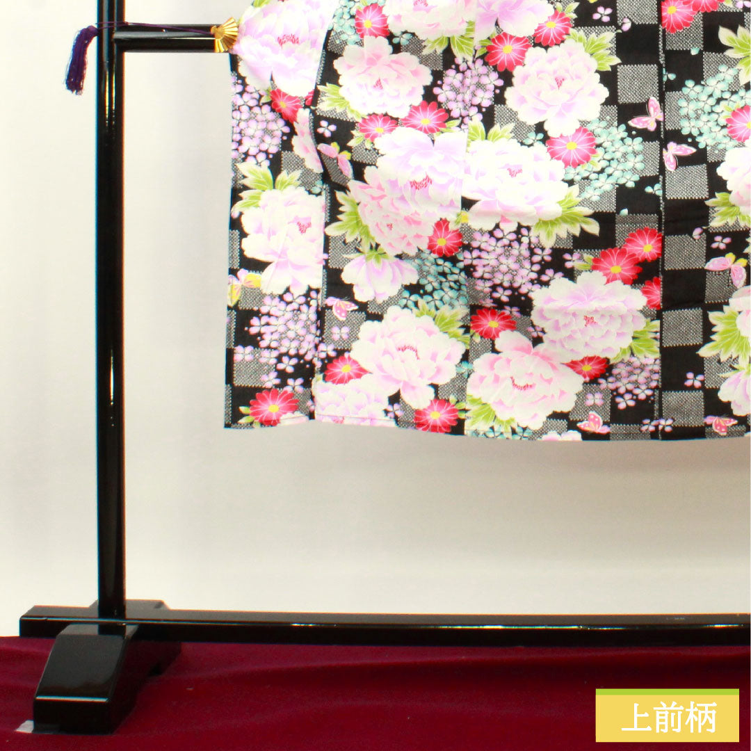 Yukata Cotton Length 138.5cm Sleeve length 61.5cm S rank Single layer Black Peony Hydrangea Butterfly Checkered 1118005122110