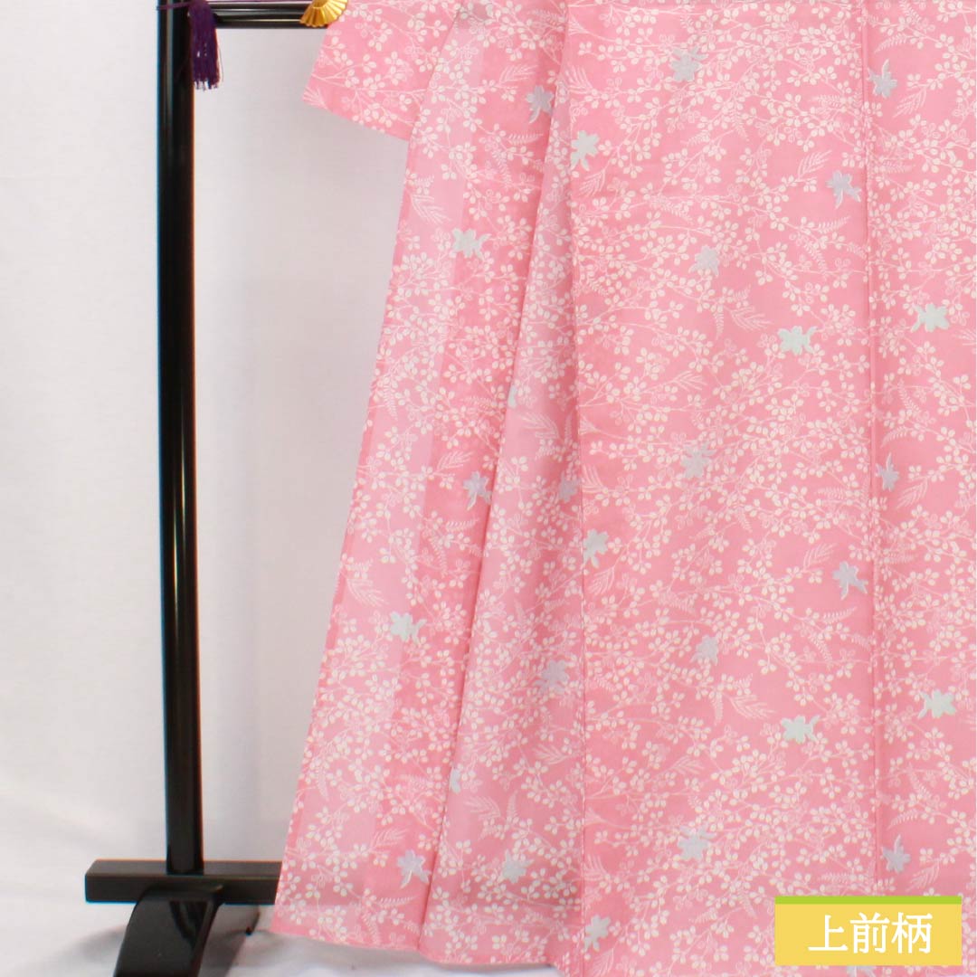 Summer kimono, polyester, small pattern, length 166.5cm, sleeve length 68.5cm, medium crimson flower color (nakano kurenai iro), plant pattern, lining, washable, pink, S rank, ro, 1132002622513