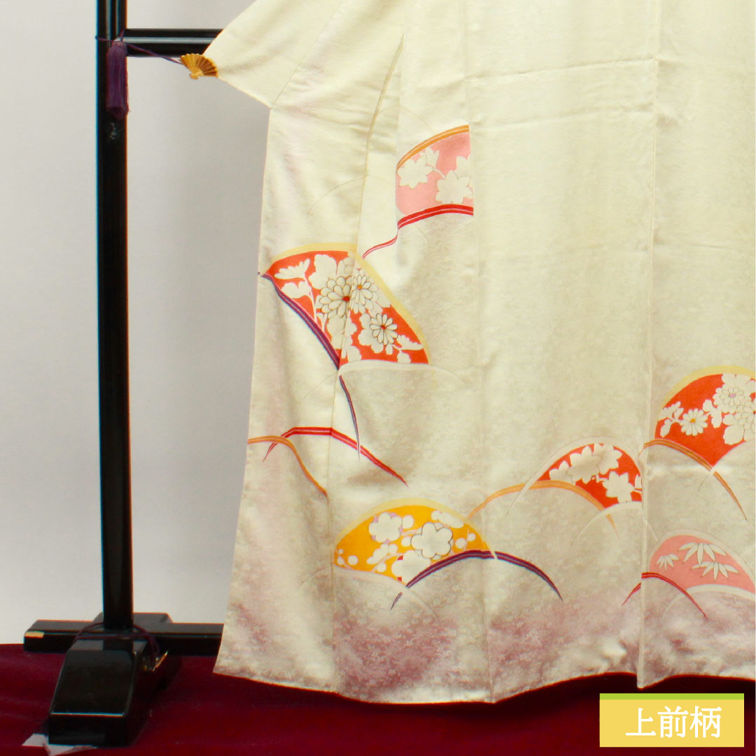 Homongi, pure silk, lined, length 162.5cm, sleeve length 63.5cm, milky white, Kyo-Yuzen, fan surface, floral pattern, basting thread included, unused, S rank, cream color, 1112003412415