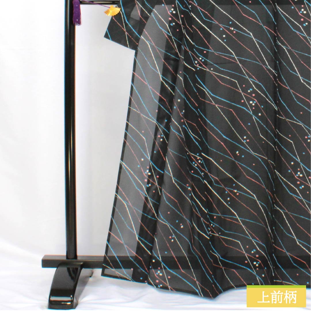 夏物 ポリエステル 小紋 身丈164.5cm 裄丈68cm 幾何学模様 洗える着物 絽 Sランク 黒系 1132002242410
