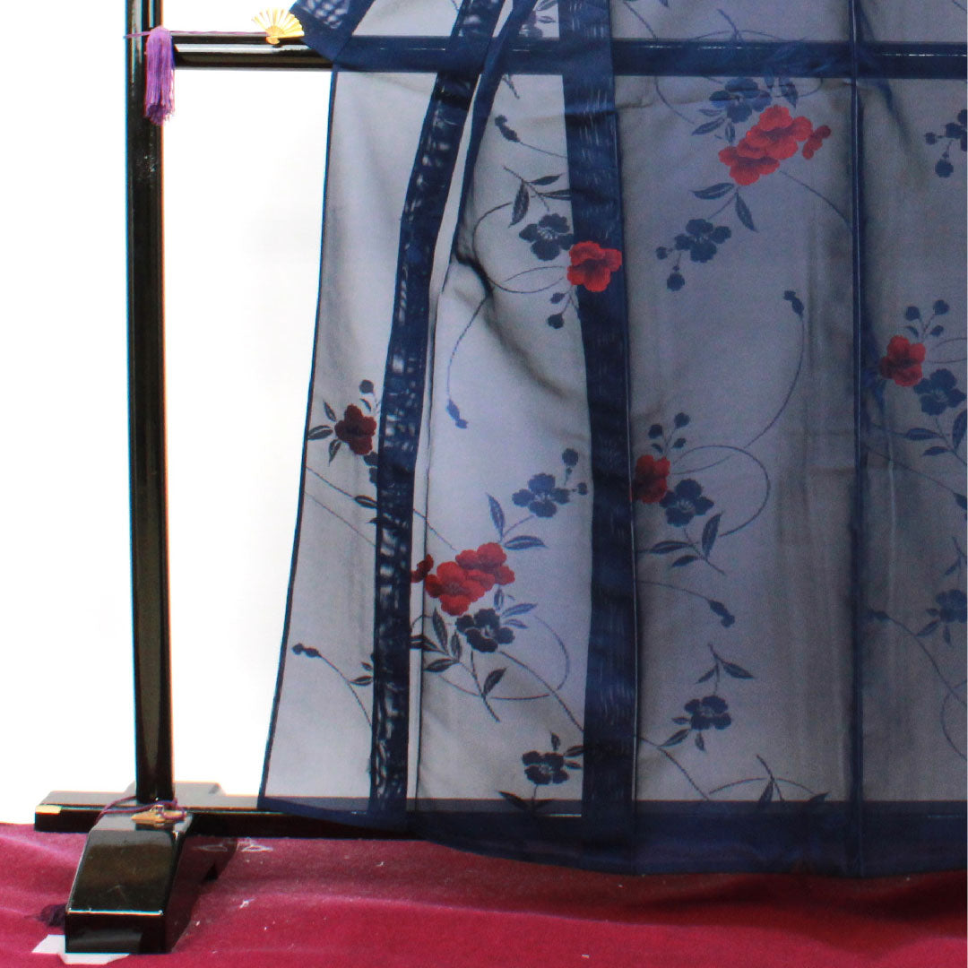 夏物 正絹 小紋 身丈161cm 裄丈64.5cm 濃紺色（のうこんいろ）椿  紗 Sランク 紺系 1132001182418
