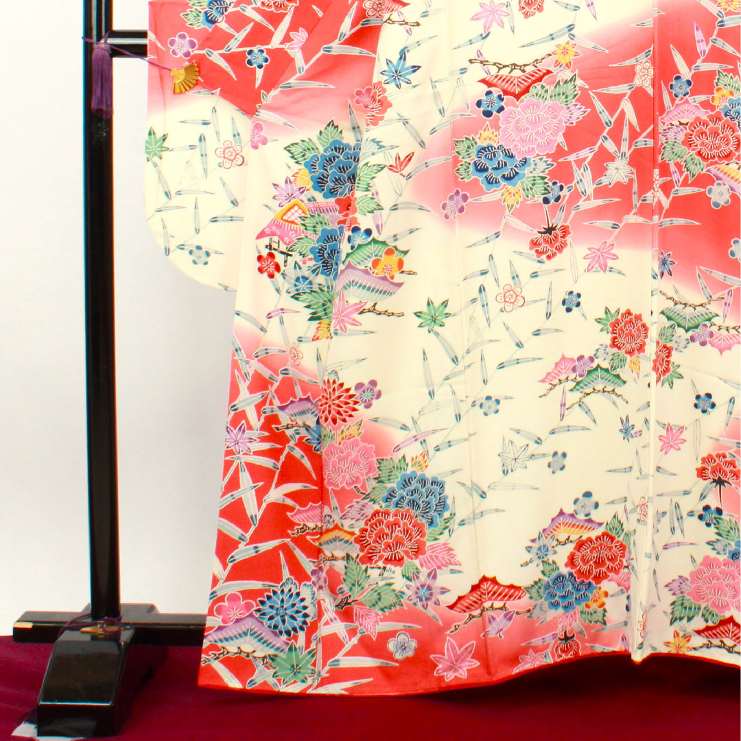 振袖 身丈162cm 裄丈65cm 袷  京紅型 松竹梅 笹 紅葉  正絹 Sランク グラデーション系 1113001612499