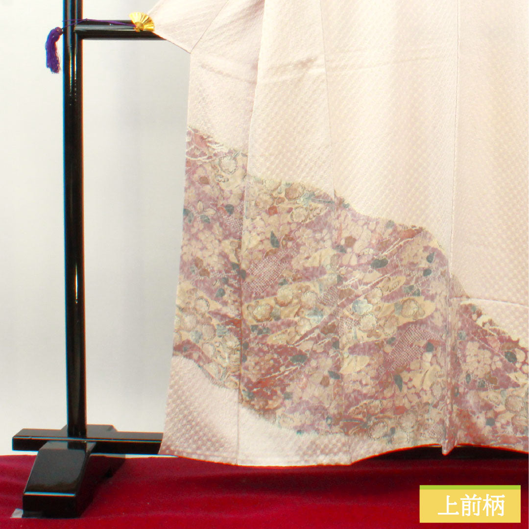 Homongi, pure silk, lined, length 159.5cm, sleeve length 63cm, cherry blossom color, tie-dye, Tsujigahana, A rank, purple, 1112004113320