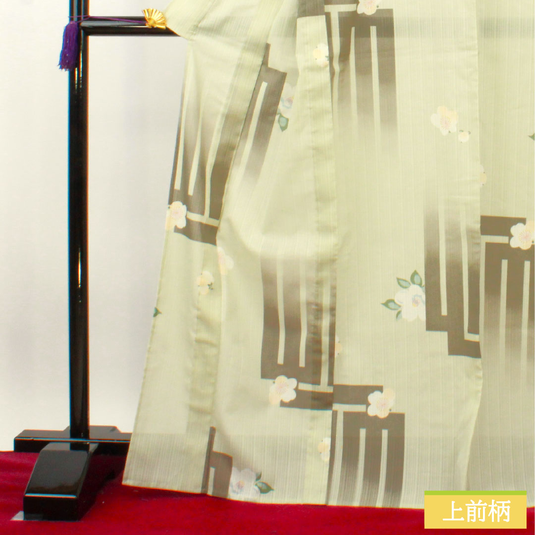 Summer kimono, polyester, small pattern, length 169cm, sleeve length 68cm, light green, washable kimono, plum, camellia, gauze, S rank, green 1132001872519