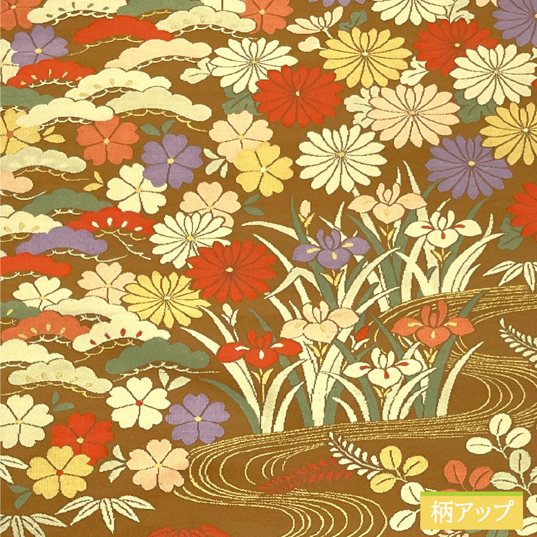 A-Rank Pure Silk Obi with Shoba Weave, Flowing Water and Floral Pattern, Length 432cm, Six-Ply, Semi-Formal, Brown, Product Number: 1123016743314