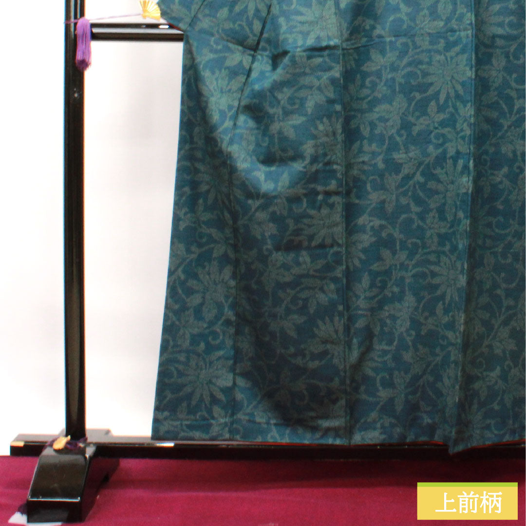 紬 正絹 身丈158cm 裄丈62.5cm  高麗納戸色 草花模様 胴抜き仕立 Sランク 胴抜き 緑系 1116002922319