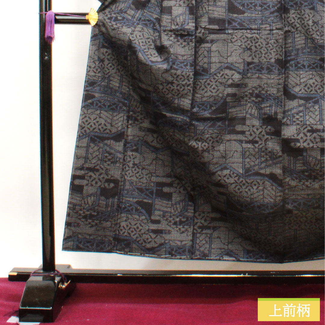 結城紬 正絹 身丈158cm 裄丈62.5cm  抽象模様 しつけ糸付き Sランク 袷 黒系 1116003102310