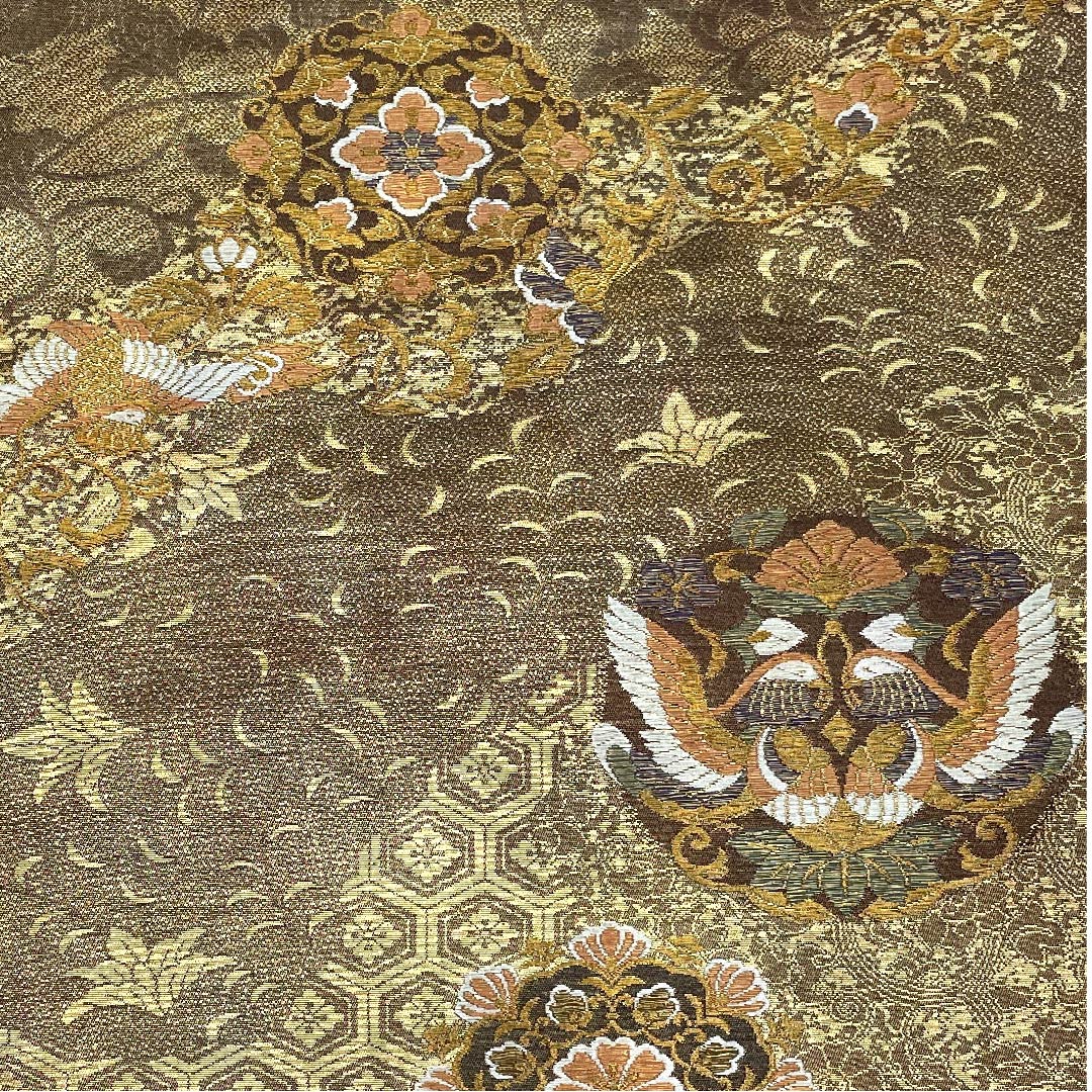 Fukuro Obi Gold Hosohana Flower Arabesque Phoenix Obi Length 428cm Pure Silk A Rank Six-pass Formal Beige 1123007593325