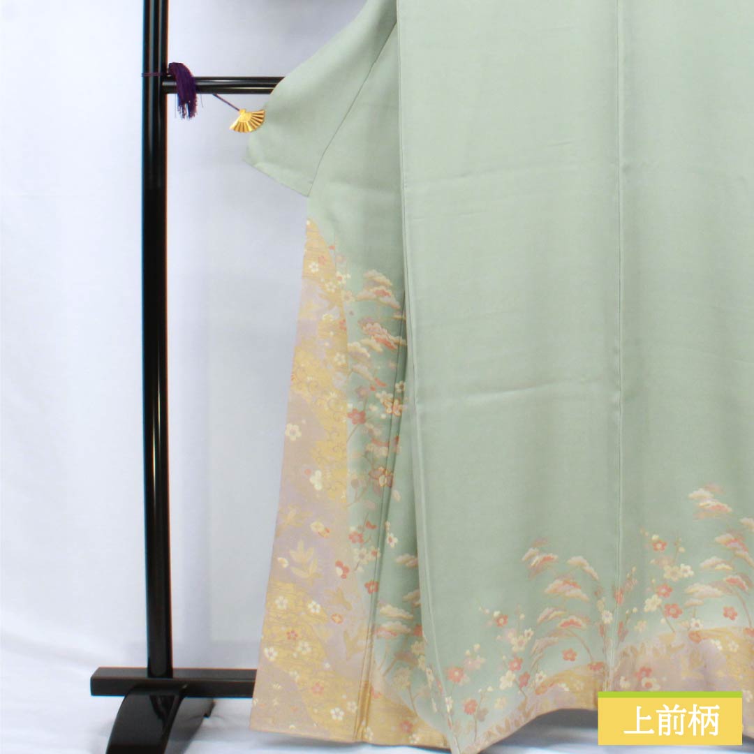 訪問着 正絹 Sランク 袷 身丈161cm 裄丈64cm 百緑色（びゃくろくいろ） 京友禅 草花 三松シルクケア 緑系 1112006222419