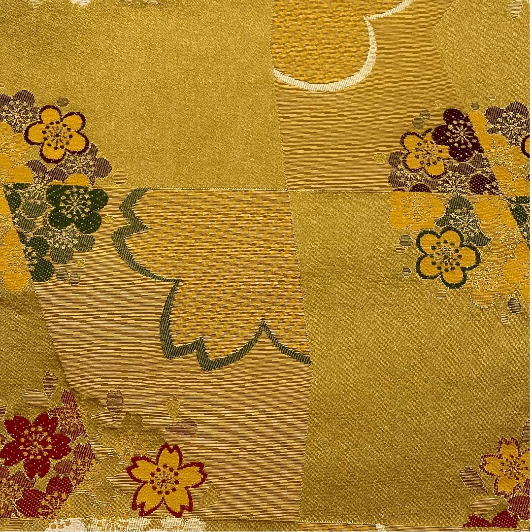 Nagoya obi, Kyobukuro obi, Umedani astringent color, cherry blossom, plum, checkered pattern, obi length 392cm, poly, A rank, full length, semi-formal, yellow, 1124003353323, open style