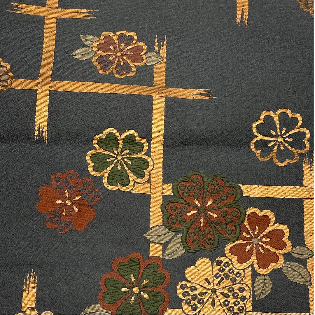 名古屋帯 京袋帯 具墨色 桜 井桁 帯丈374cm ポリ Aランク 六通 セミフォーマル グレー系 1124003313322  開き仕立て
