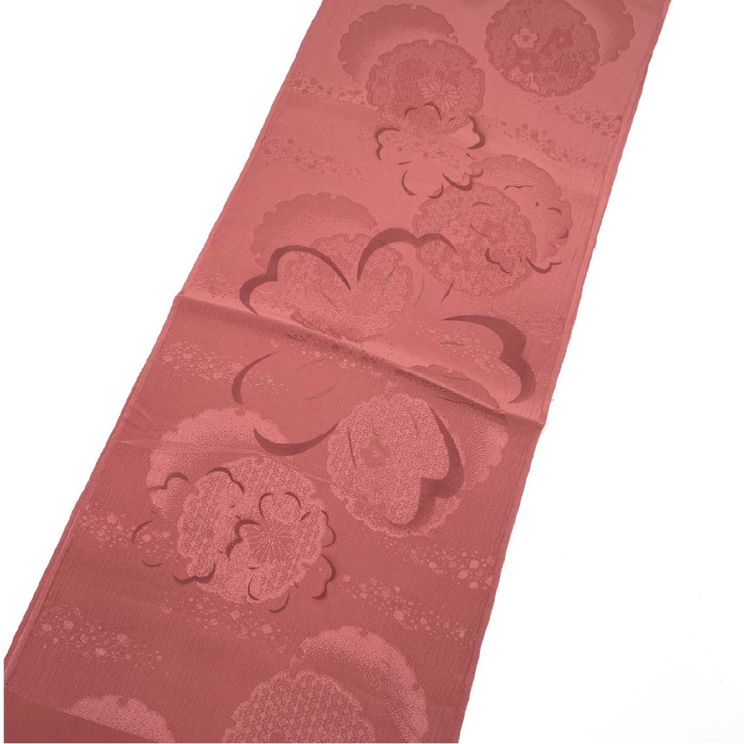(New old stock) Formal obiage, pure silk, plum color, snowflake, cherry blossom, cloisonne, length 168cm, width 30cm, S rank, pink, 1136000212913