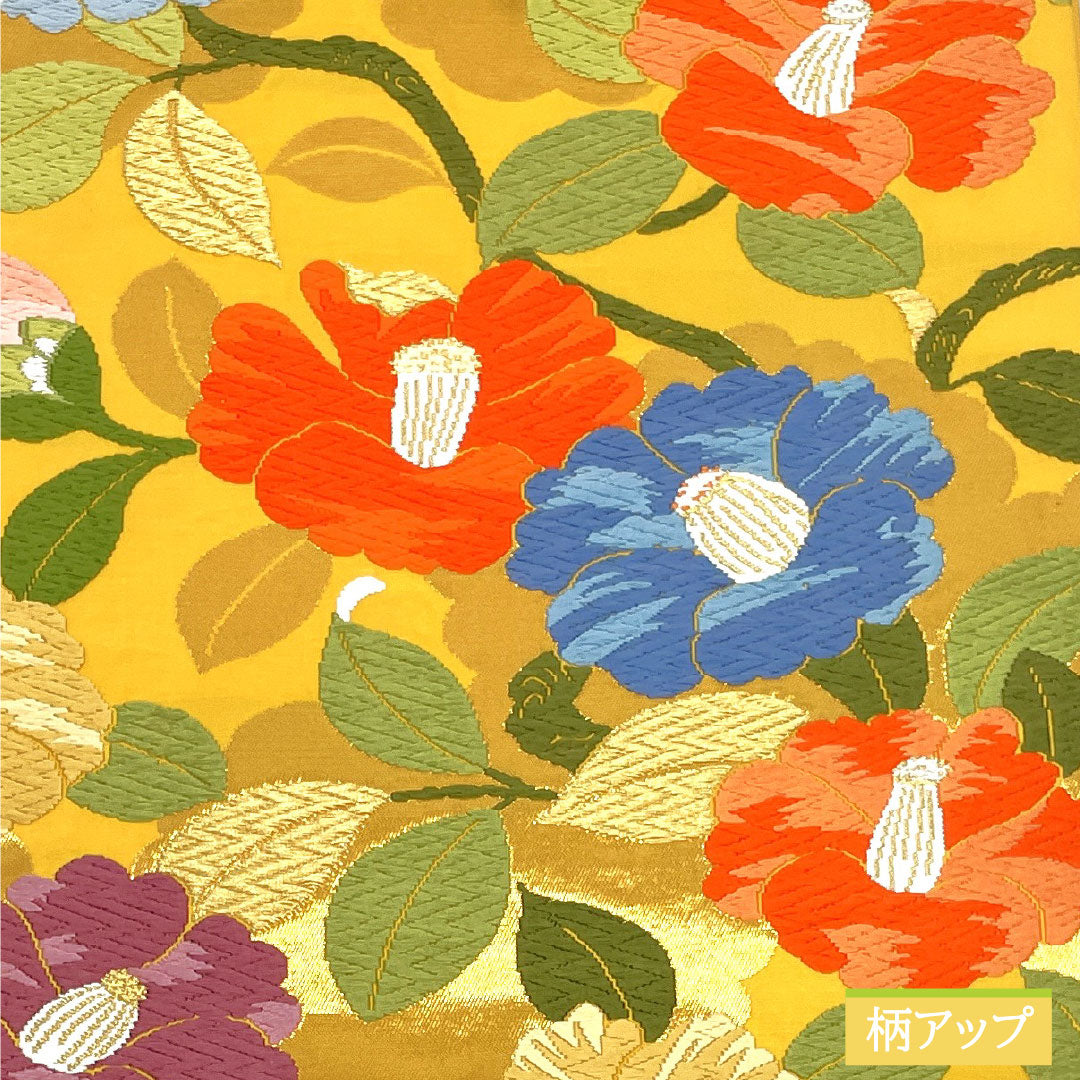 Formal, yellow-toned obi, pure silk, S-rank, Nishijin-ori (Karaori) weave, camellia pattern, length 424cm, six-pass, yellow, 1123017062323
