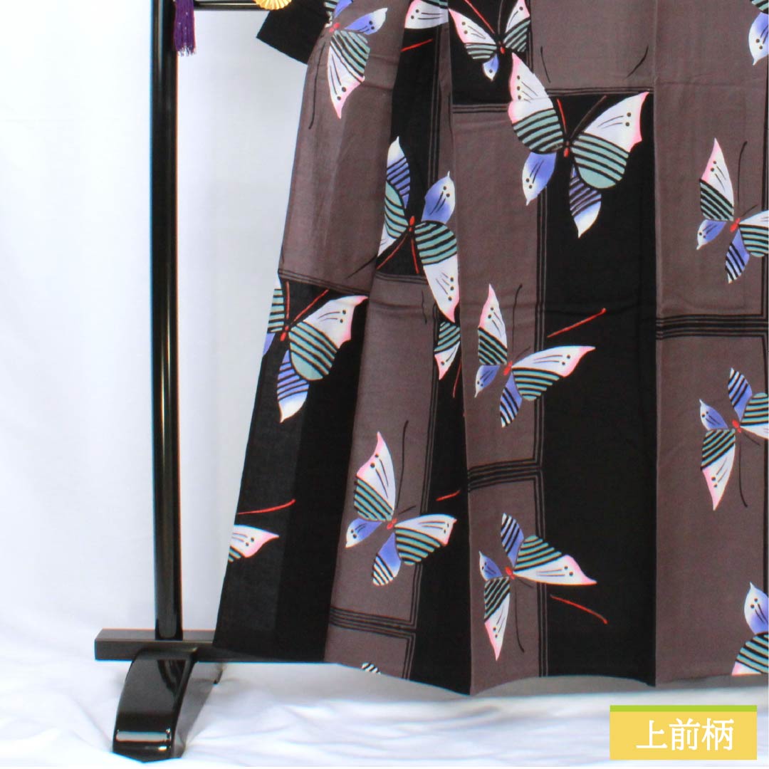 Cotton Yukata, Length 158cm, Sleeve Length 67cm, Rank B, Single Layer, Monotone, Grape Gray, Butterfly Design, 1118005824327