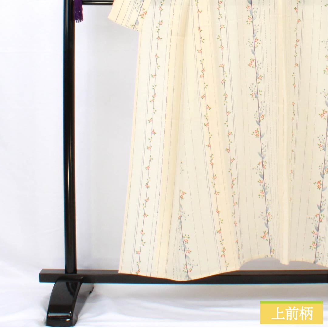 夏物 正絹 小紋 身丈153cm 裄丈62cm 生成り色（きなりいろ） 京友禅 縞 小花 絽 Aランク クリーム系 1132002053215
