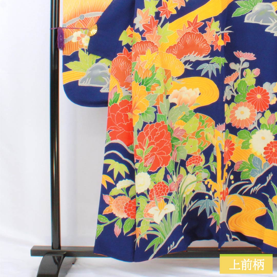 Furisode (long-sleeved kimono) made of pure silk, grade A, length 153cm, sleeve length 60.5cm, lined, stencil-dyed, featuring auspicious plum and chrysanthemum motifs on crepe fabric with layered collar, blue, product number 1113002233217
