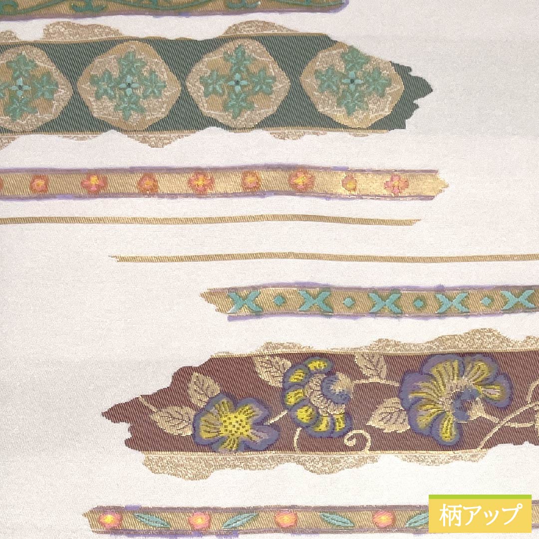 Nagoya Obi, Polyester, S-Rank, Classic Pattern, Horizontal Stripes, Chinese Flowers, Length 372cm, Pointed Pattern, Semi-Formal, White, 1124010792311, Nagoya Style