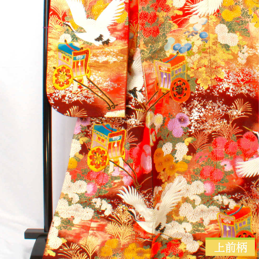 Iro-uchikake (colored kimono) made of pure silk, rank B, length 188cm, sleeve length 65cm, Karaori (traditional Japanese weave) design featuring cranes, imperial carriages, and floral motifs, lined, vermilion, 1110000904916