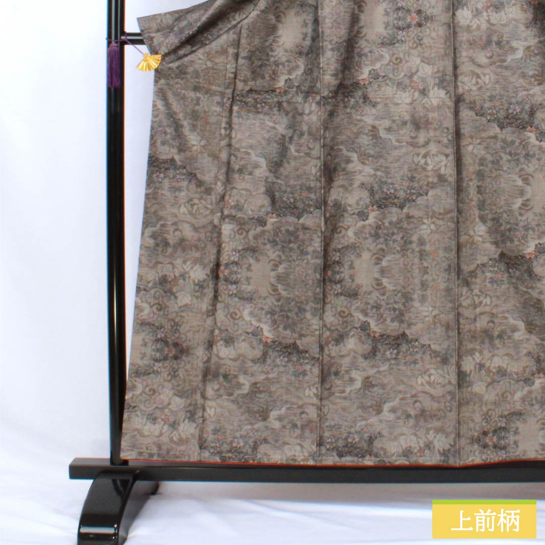 Tsumugi Silk S rank Length 159cm Sleeve-to-shoulder 60.5cm Brownish-gray Murayama Oshima Cloud pattern and floral design Lined Gray system 1116004832322