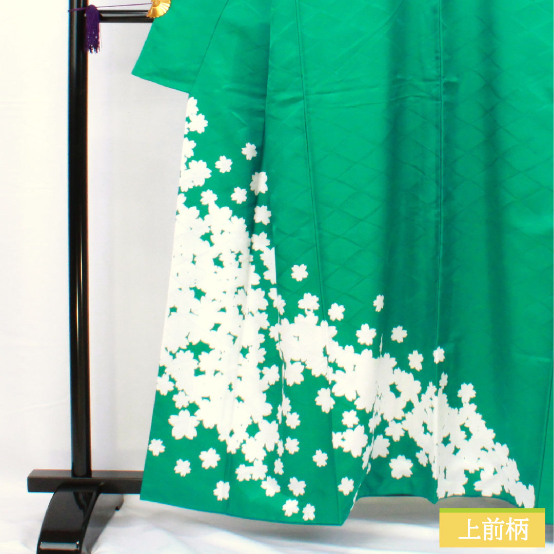 Homongi (formal kimono) made of polyester, lined, length 159cm, sleeve length 62cm, peacock green, washable kimono, cherry blossom, S rank, green, 1112005372319